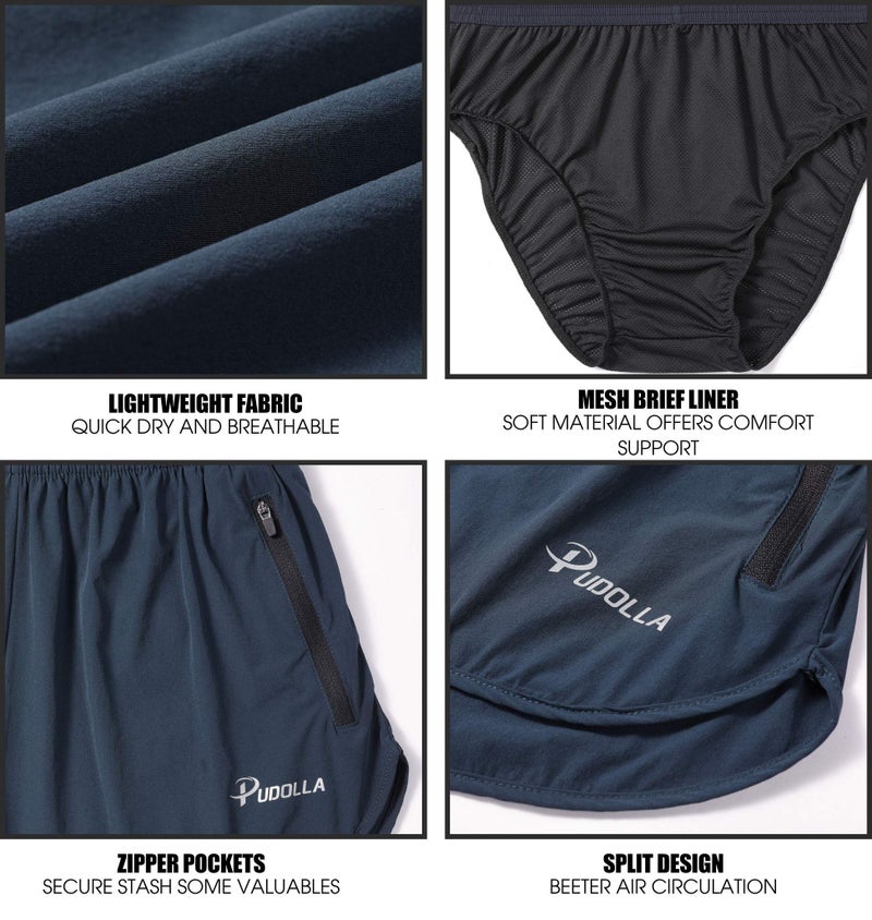 Pudolla Menâ€™s Running Shorts 3 Inch Quick Dry Gym Athletic Workout Shorts for Men with Zipper Pockets(Navy Blue Large) - Image 5